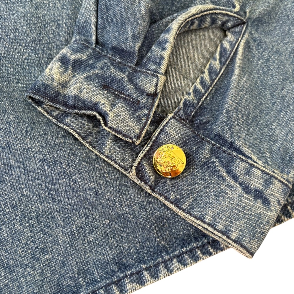 Vintage Style Cropped Boxy Denim Jacket Blue Band Collar L Streetwear Minimalist - Picture 3 of 11
